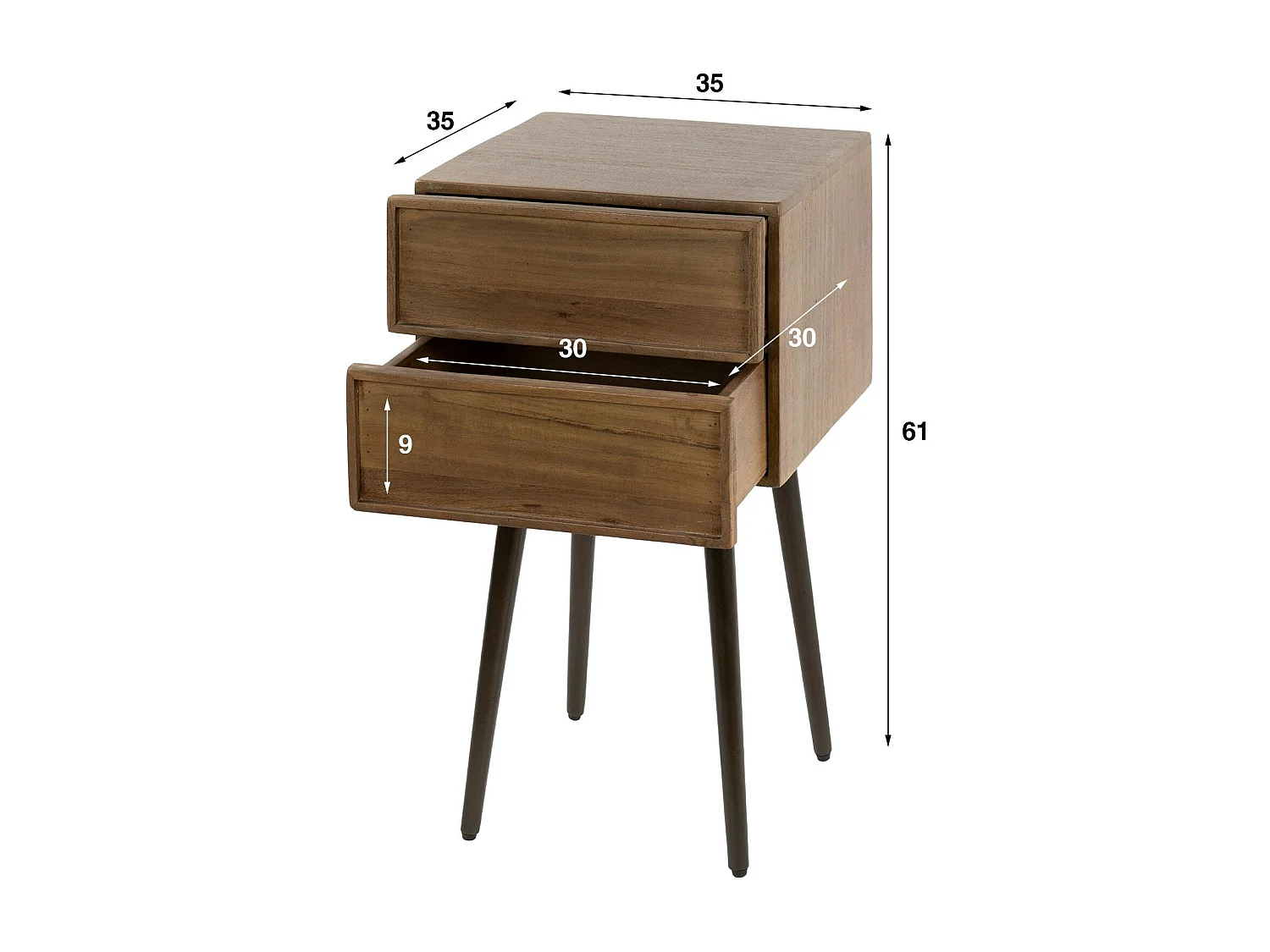 Table de chevet bois d’acacia brun, 2 tiroirs moulurés NAKO