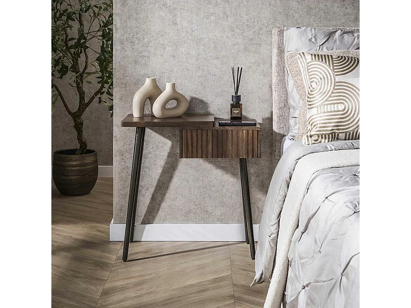 Table de chevet bois brun 2 plateaux & tiroir rainuré (G) NAKO