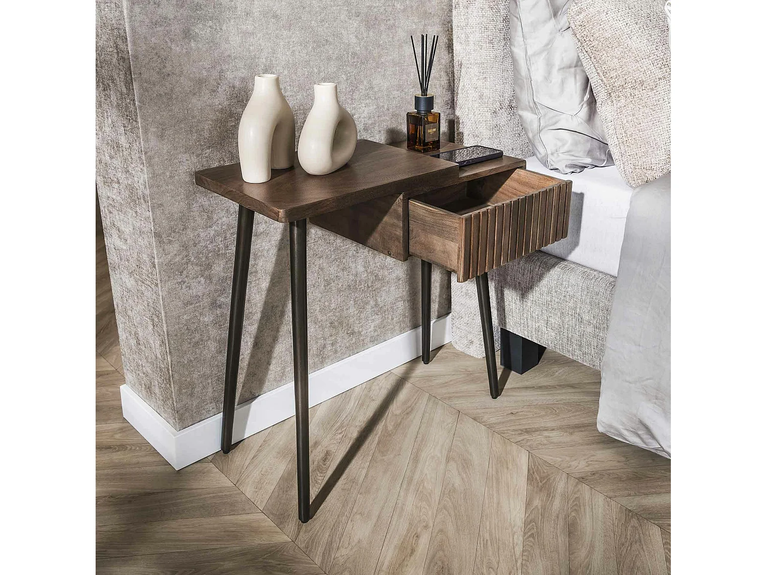 Table de chevet bois brun 2 plateaux & tiroir rainuré (G) NAKO