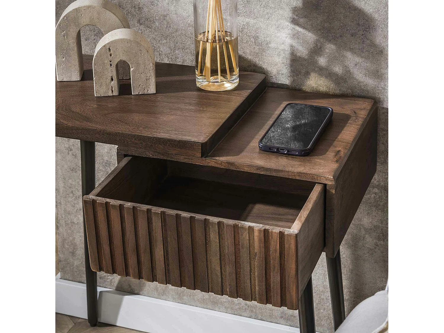 Table de chevet bois brun 2 plateaux & tiroir rainuré (G) NAKO