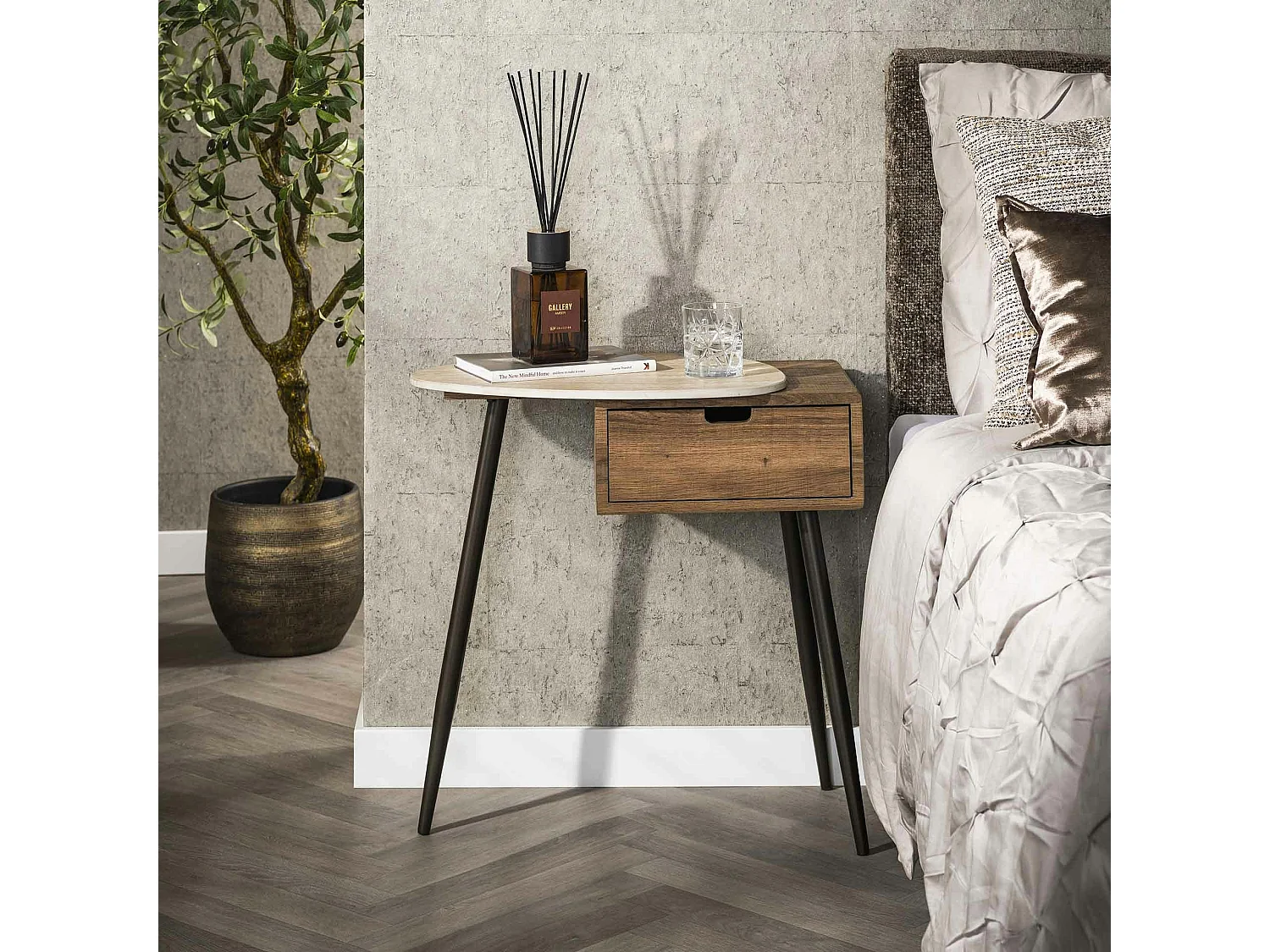 Table de chevet 1 tiroir, céramique et effet bois (G) ASCOLI