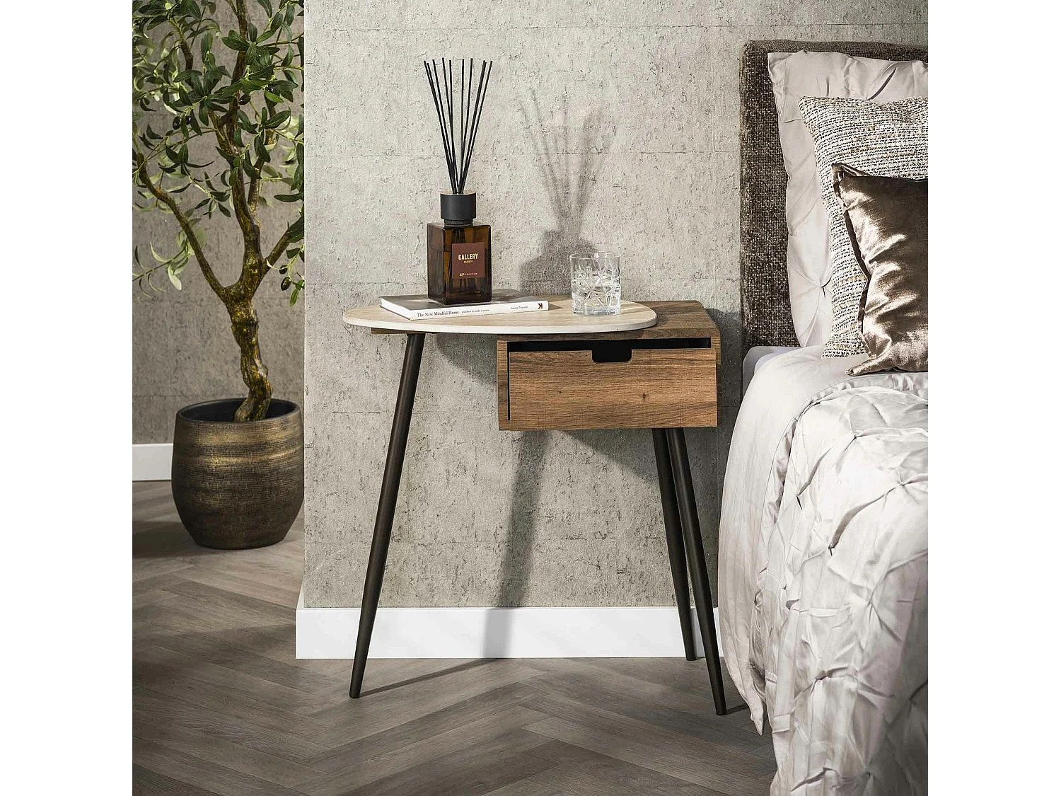 Table de chevet 1 tiroir, céramique et effet bois (G) ASCOLI