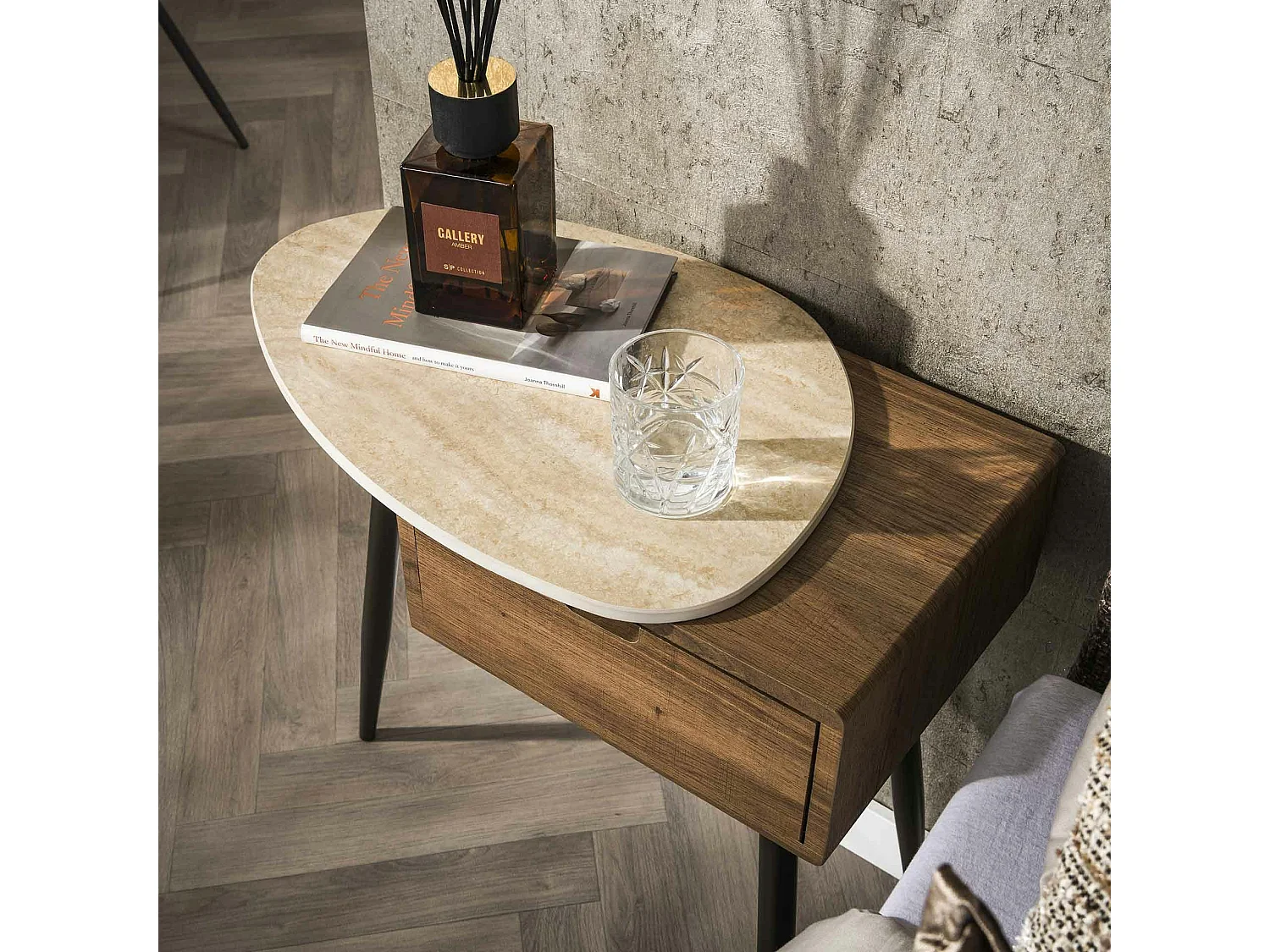 Table de chevet 1 tiroir, céramique et effet bois (G) ASCOLI