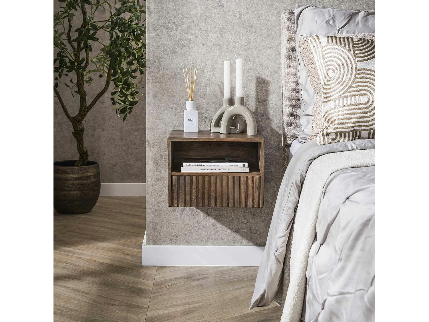 Table de chevet murale bois brun, tiroir & niche NAKO