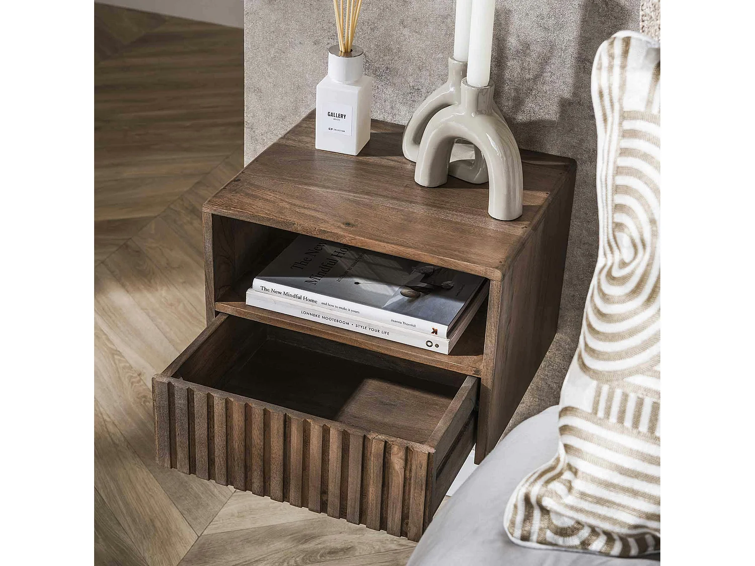 Table de chevet murale bois brun, tiroir & niche NAKO