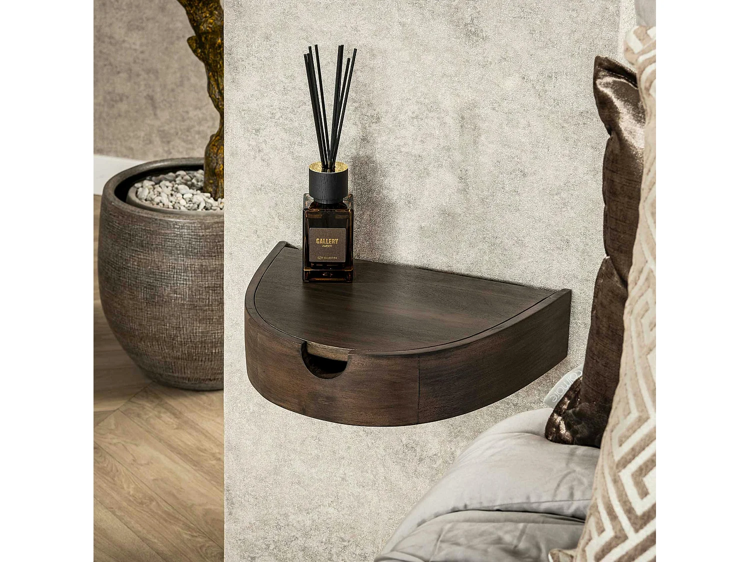 Table de nuit murale bois brun, tiroir demi-lune (x2) NAKO