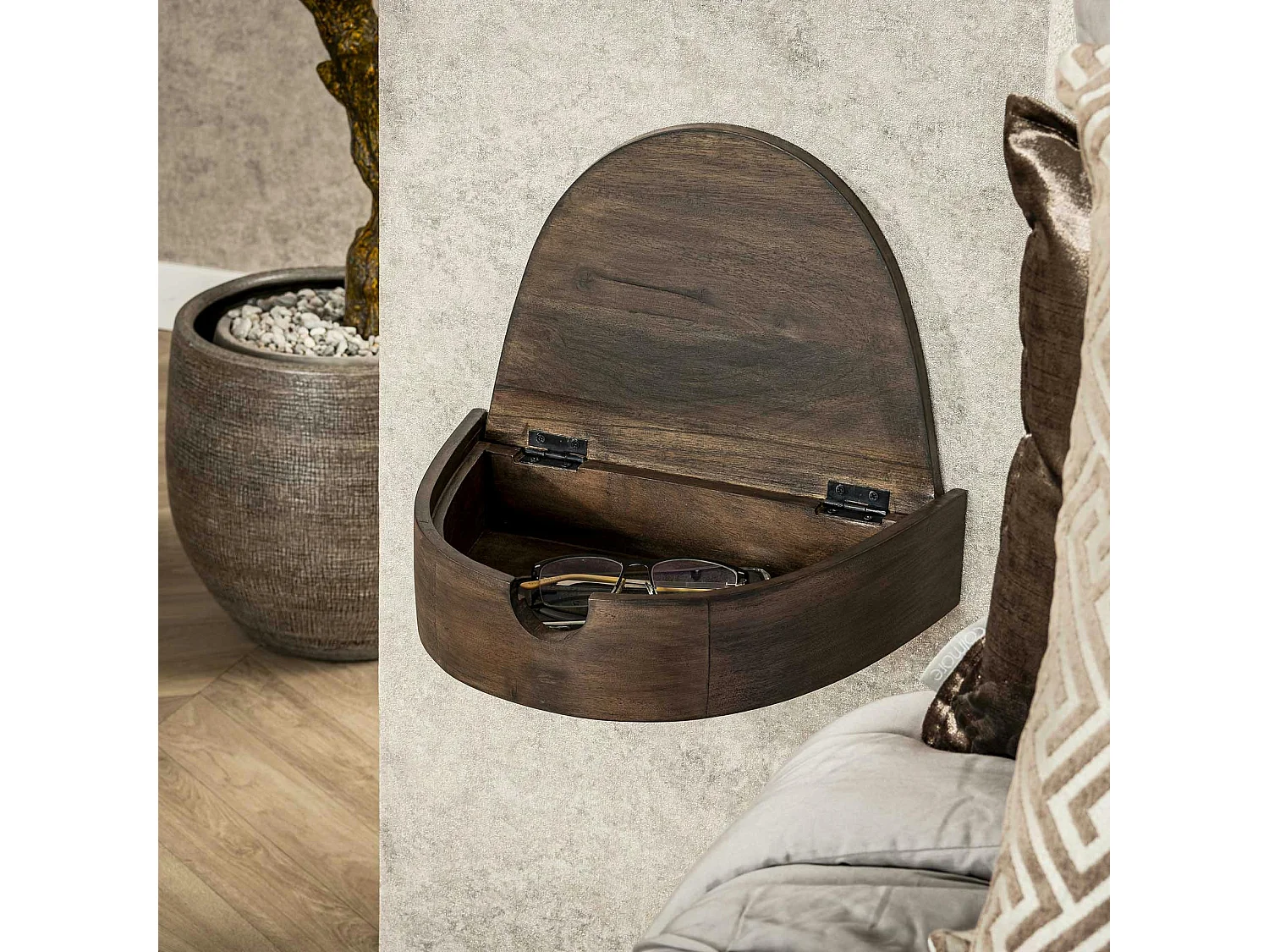 Table de nuit murale bois brun, tiroir demi-lune (x2) NAKO