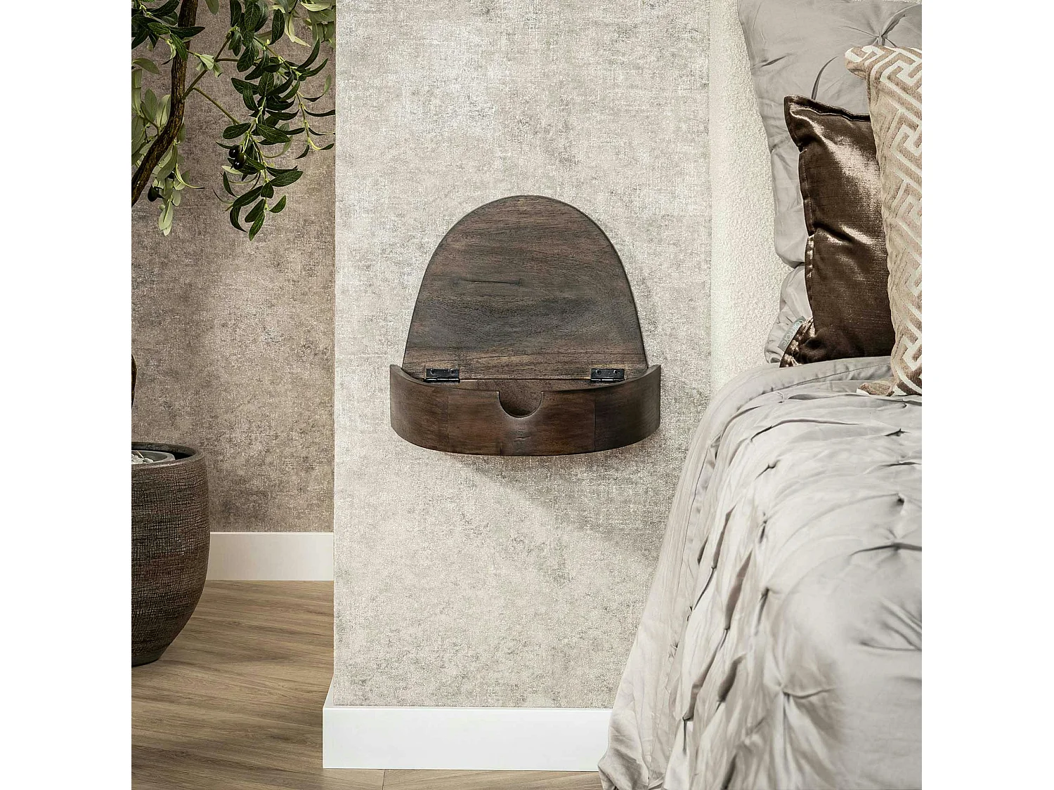 Table de nuit murale bois brun, tiroir demi-lune (x2) NAKO