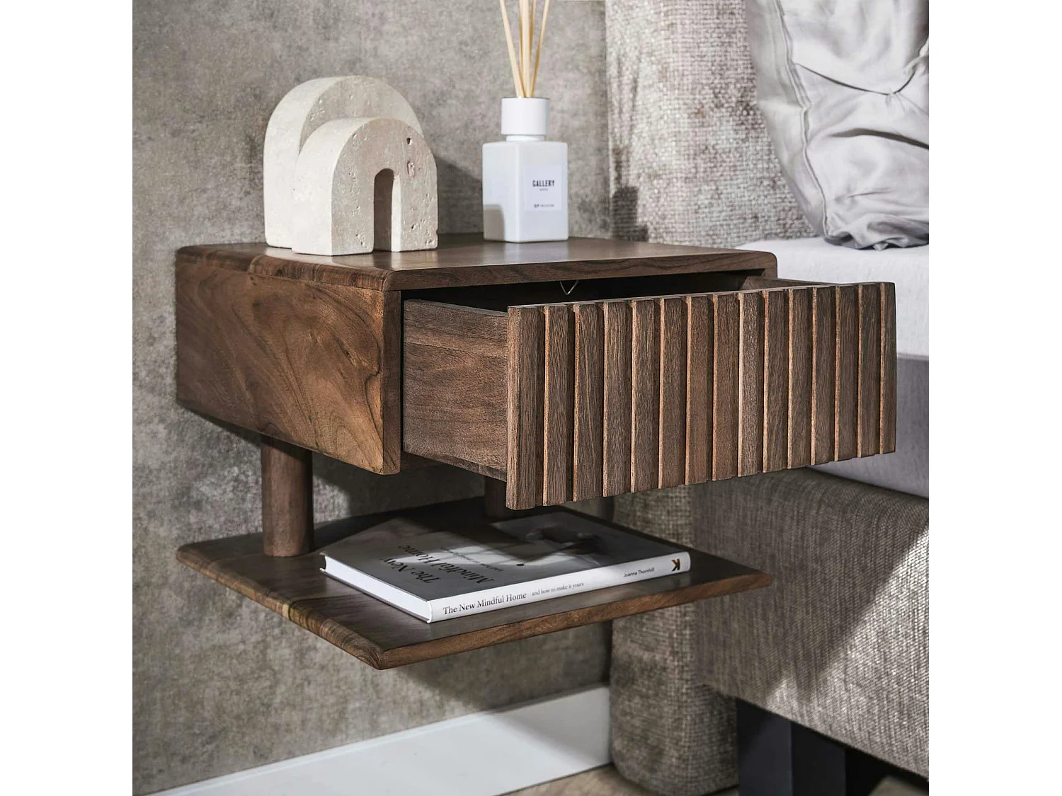 Table de chevet murale bois brun, tiroir & étagère NAKO