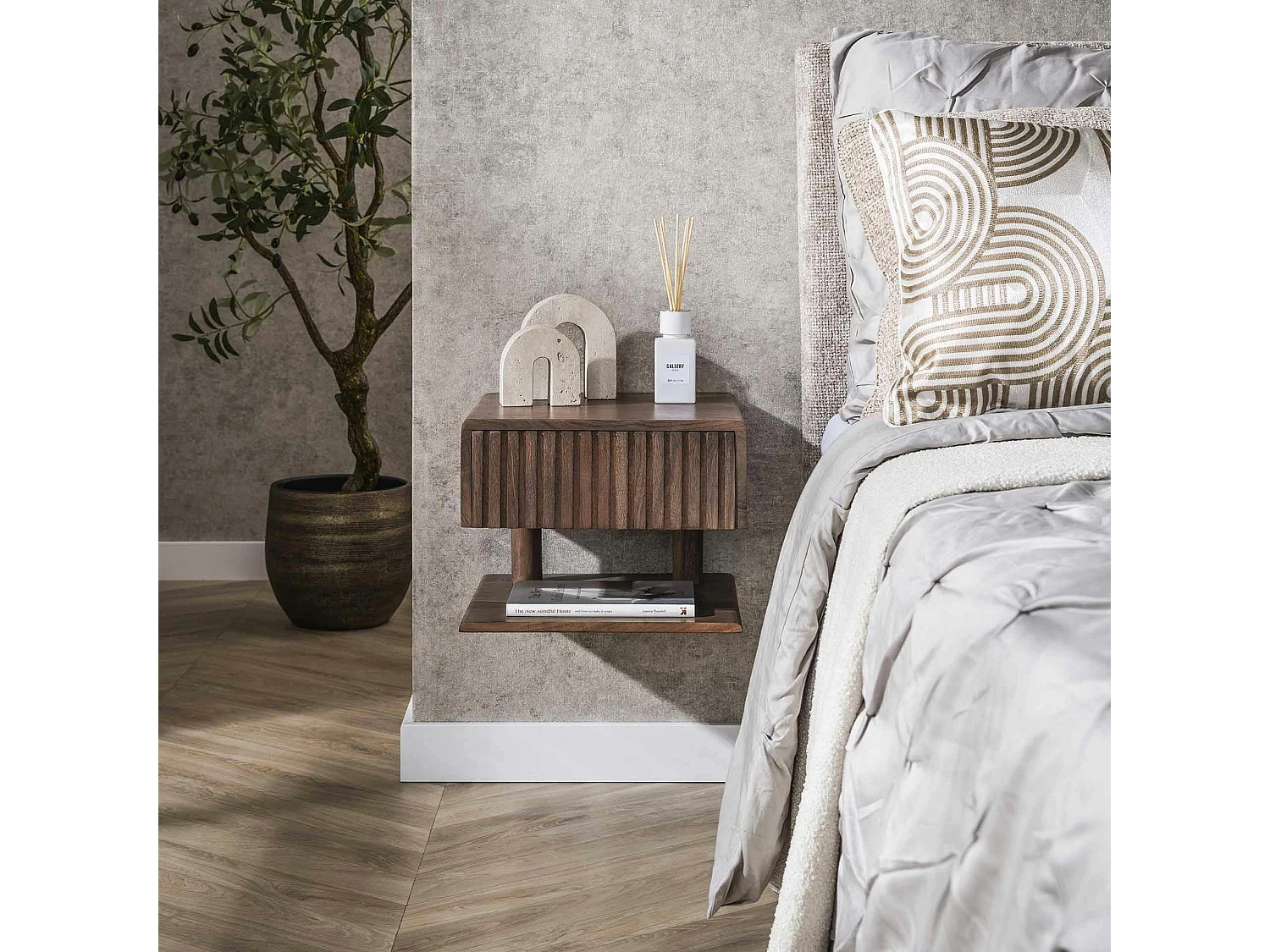 Table de chevet murale bois brun, tiroir & étagère NAKO