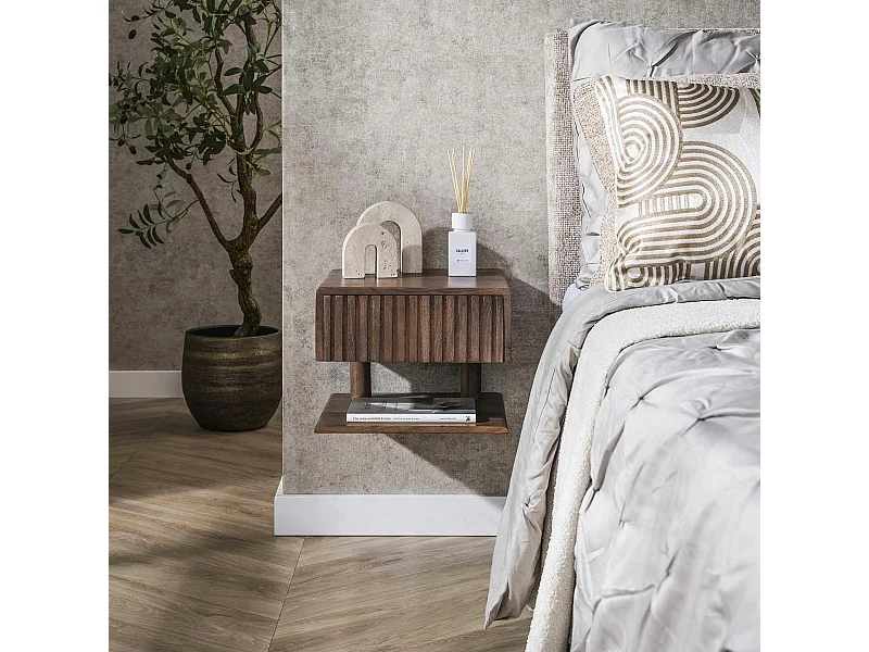 Table de chevet murale bois brun, tiroir & étagère NAKO