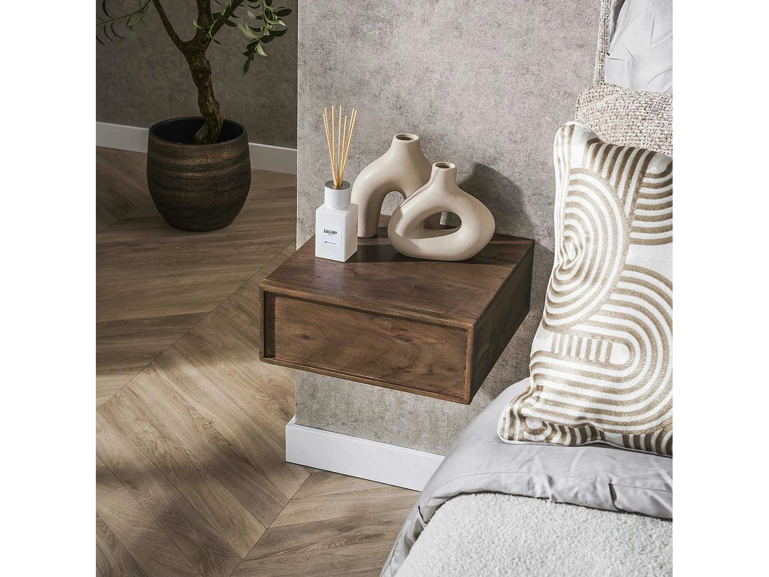 Table de chevet murale bois brun, tiroir mouluré (x2) NAKO