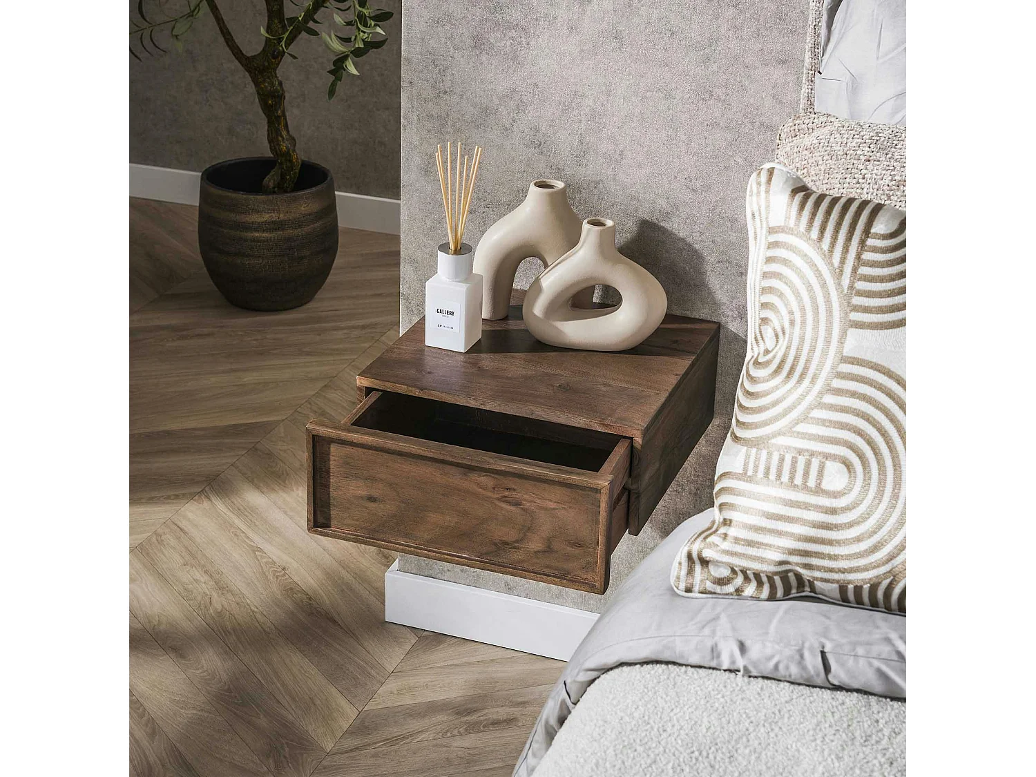 Table de chevet murale bois brun, tiroir mouluré (x2) NAKO