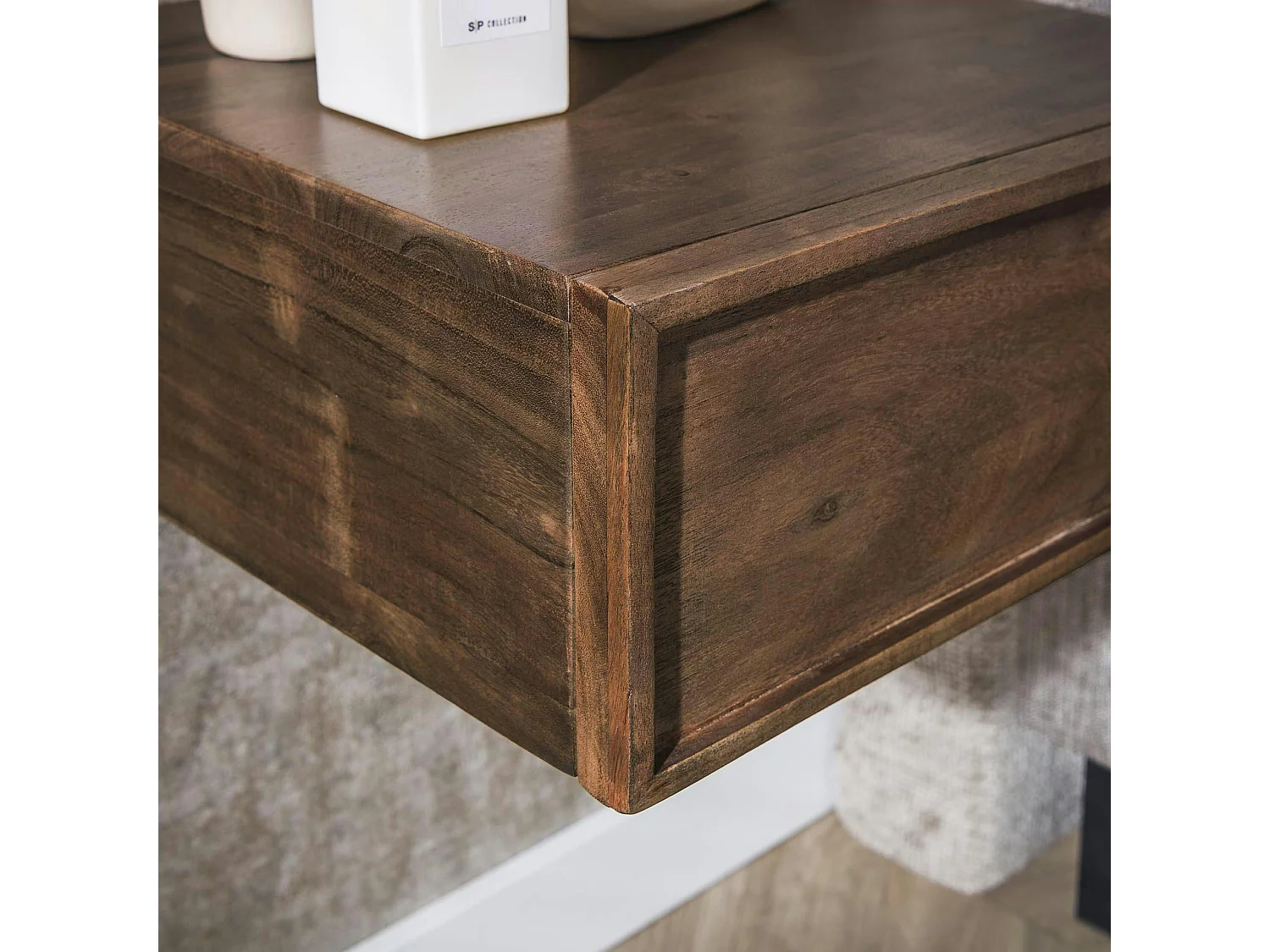 Table de chevet murale bois brun, tiroir mouluré (x2) NAKO