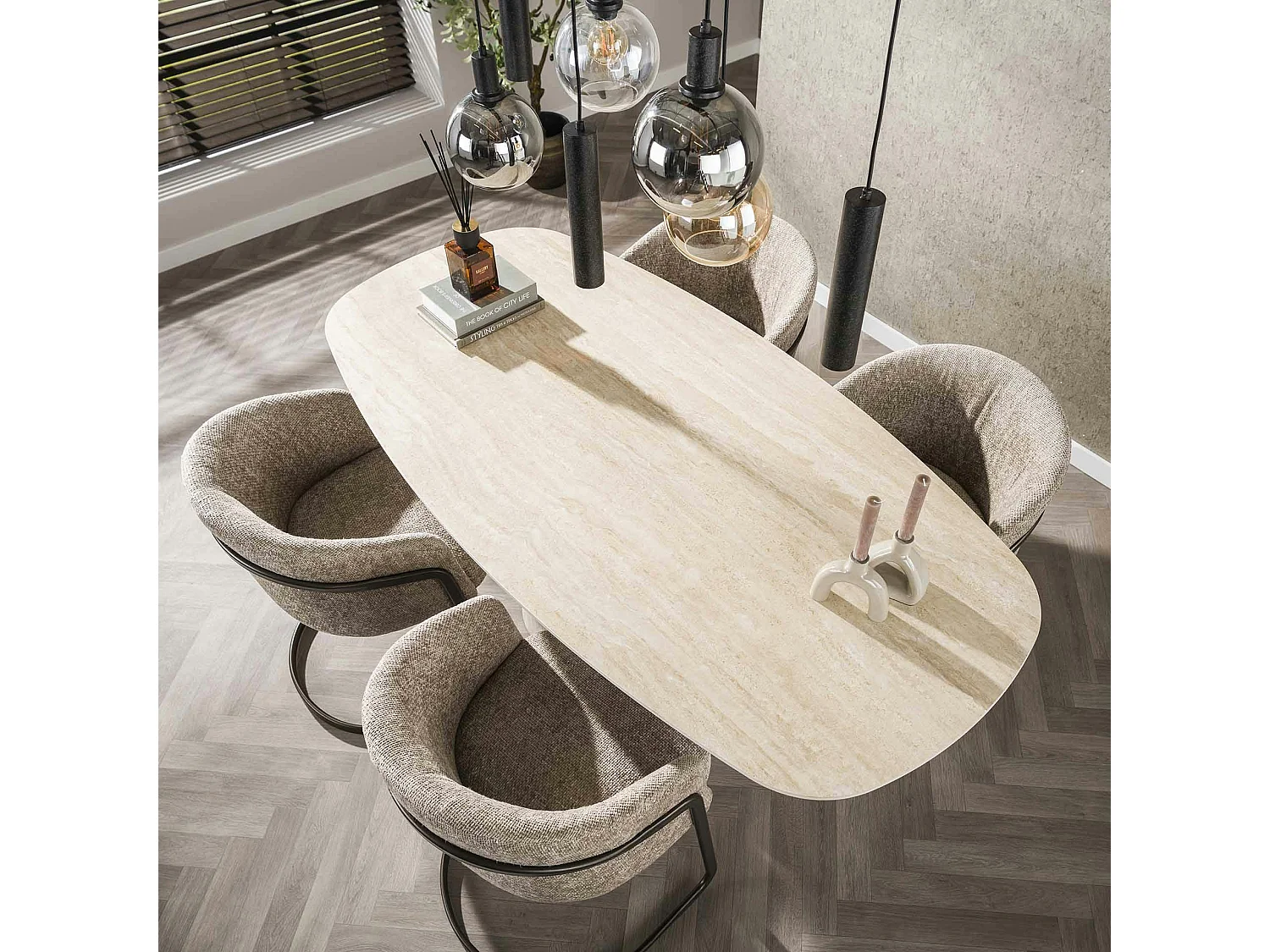 Table céramique effet travertin, bords ronds 180 cm ASCOLI