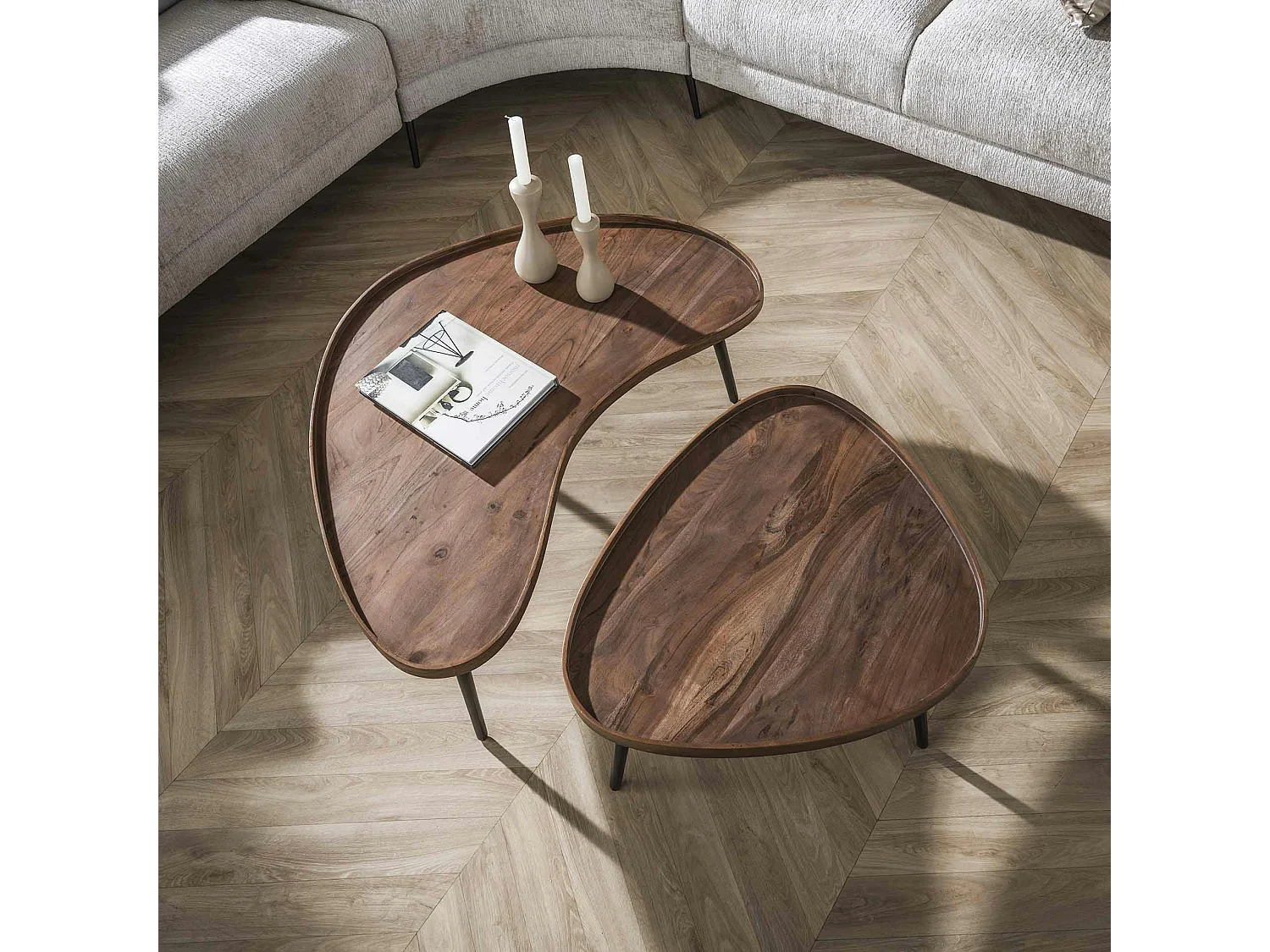 Table basse bois brun forme organique à rebords (x2) NAKO