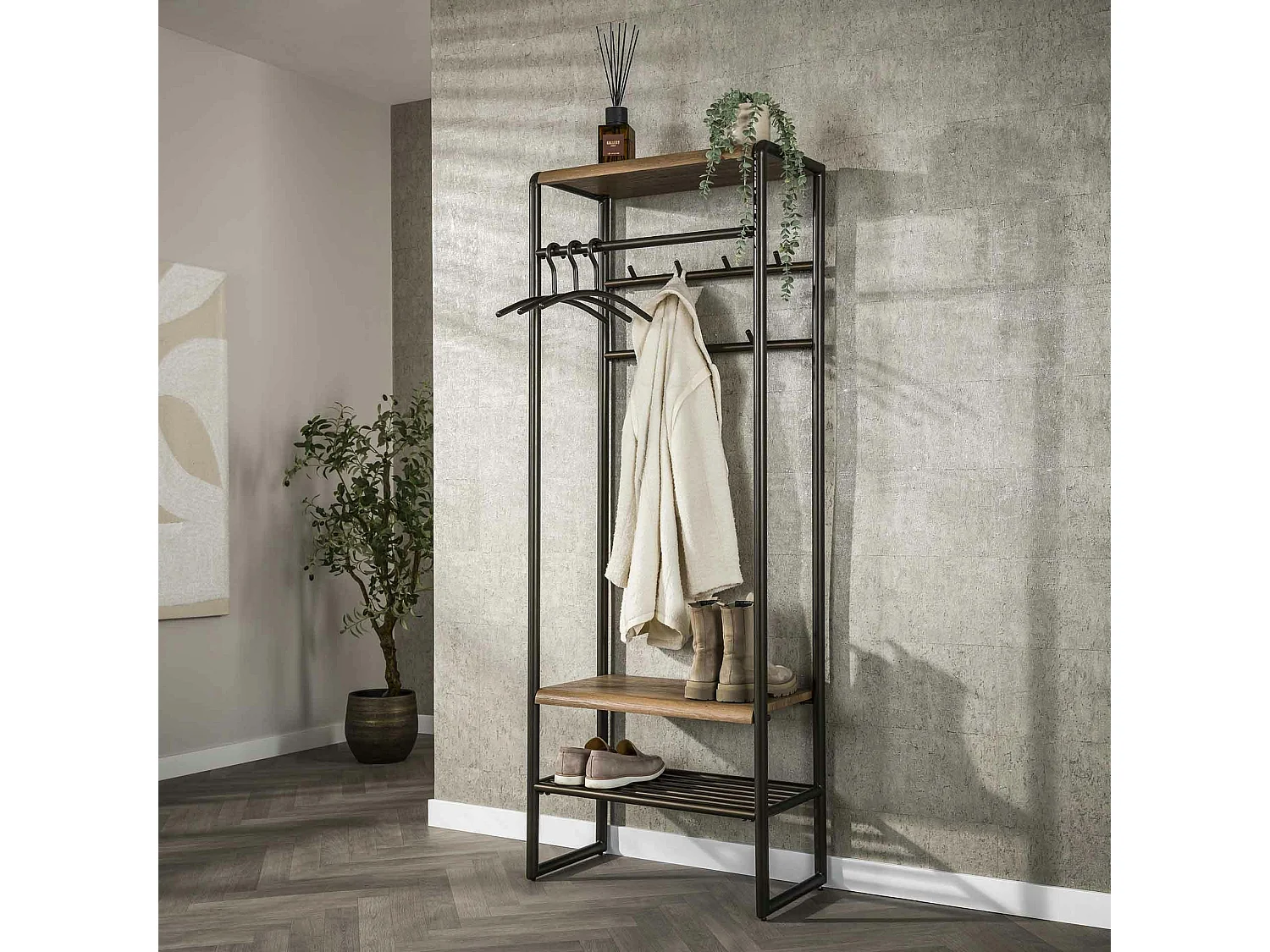 Vestiaire d’entrée effet bois & métal cuivré L70 cm HELSINKI