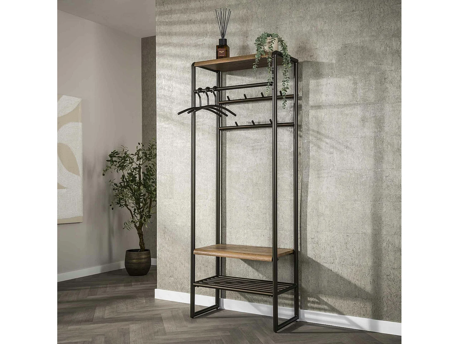 Vestiaire d’entrée effet bois & métal cuivré L70 cm HELSINKI