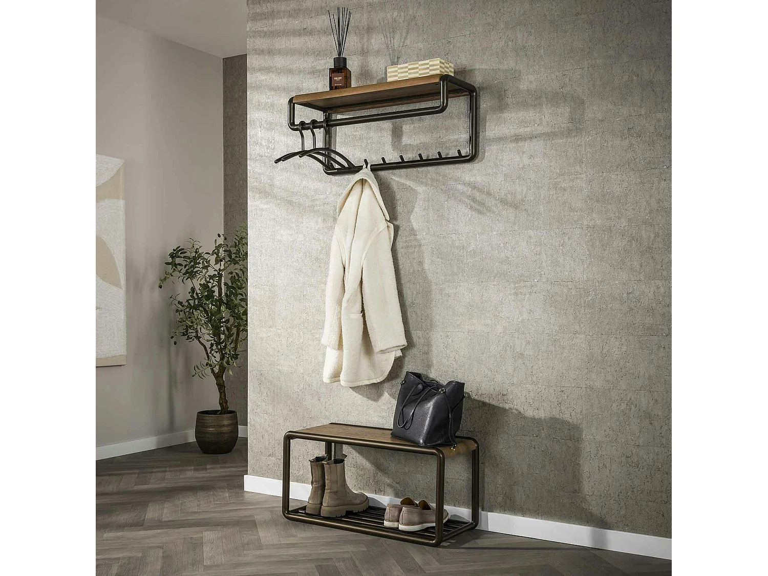 Portemanteau mural étagère effet bois & 8 crochets HELSINKI