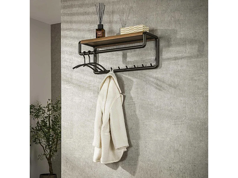 Portemanteau mural étagère effet bois & 8 crochets HELSINKI