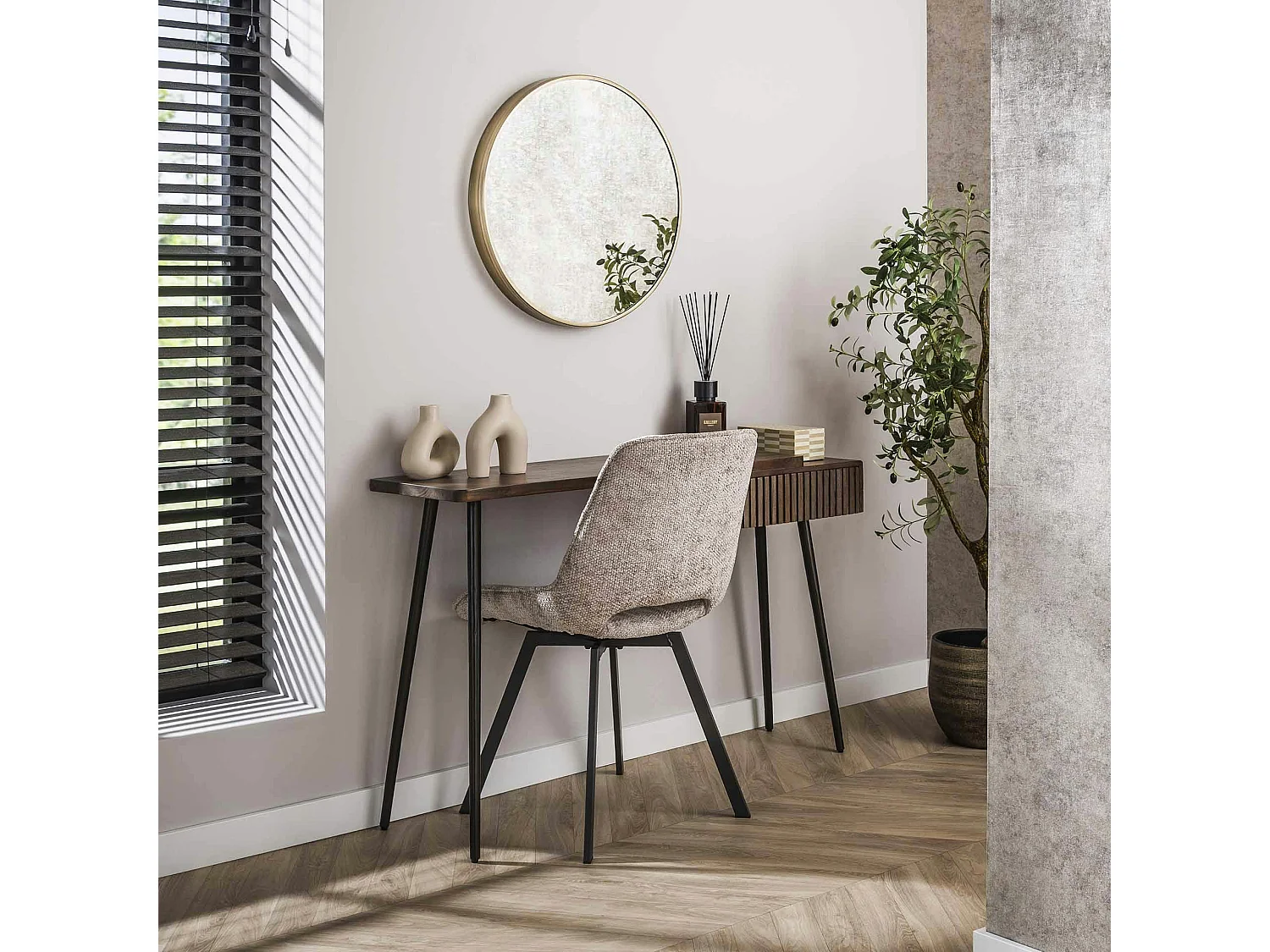 Console bureau en bois d’acacia brun, tiroir rainuré NAKO