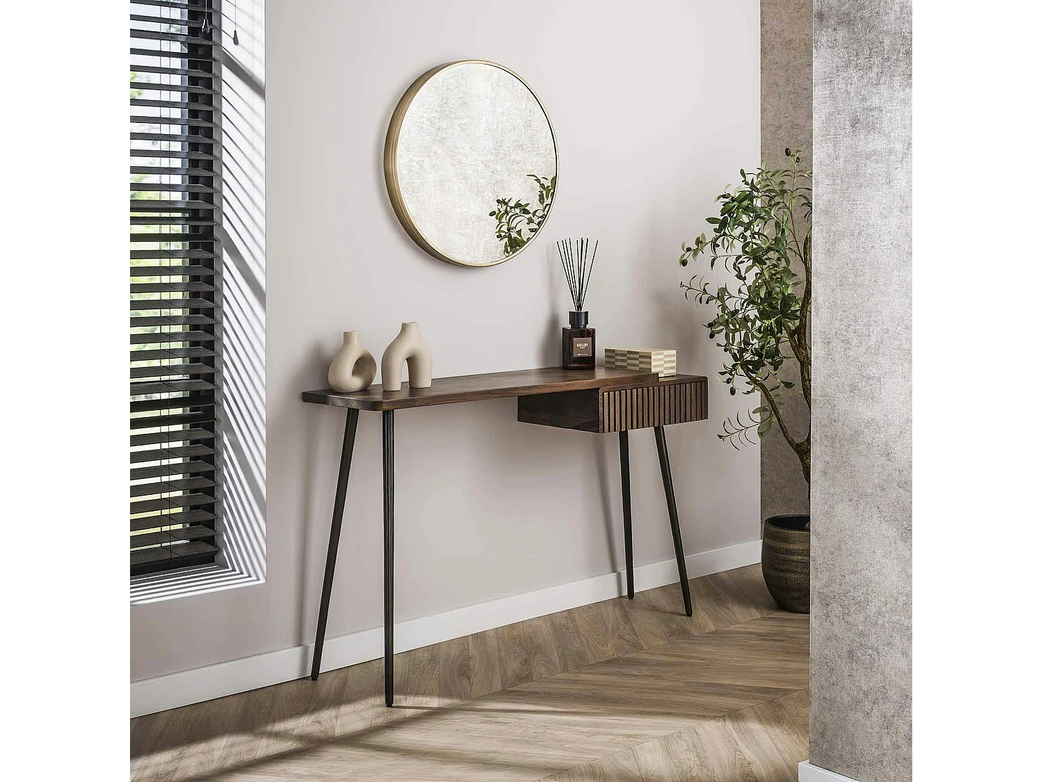 Console bureau en bois d’acacia brun, tiroir rainuré NAKO