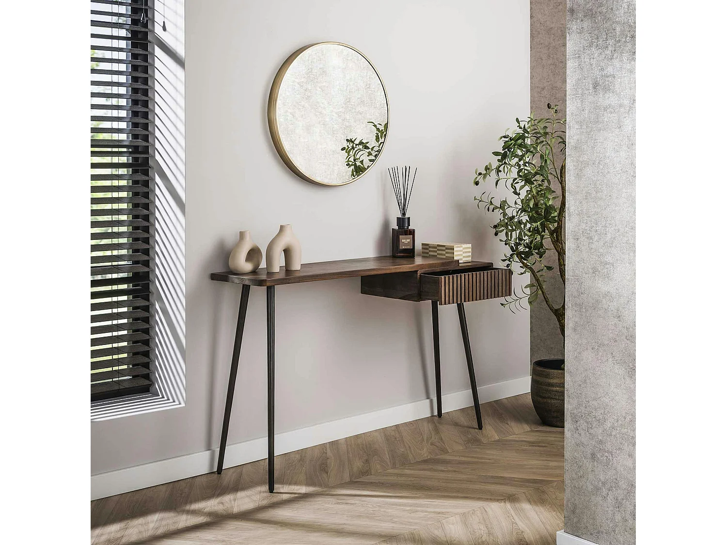 Console bureau en bois d’acacia brun, tiroir rainuré NAKO