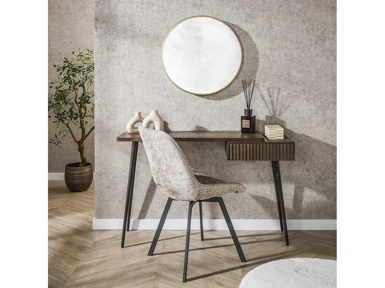 Console bureau en bois d’acacia brun, tiroir rainuré NAKO