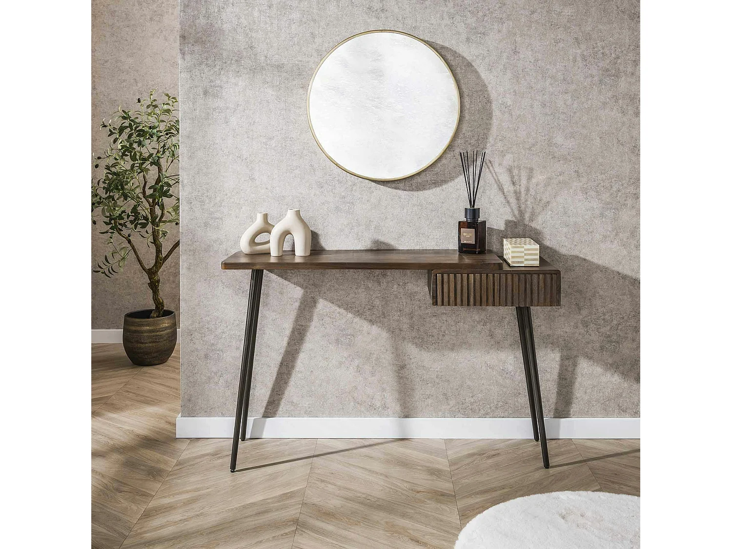 Console bureau en bois d’acacia brun, tiroir rainuré NAKO