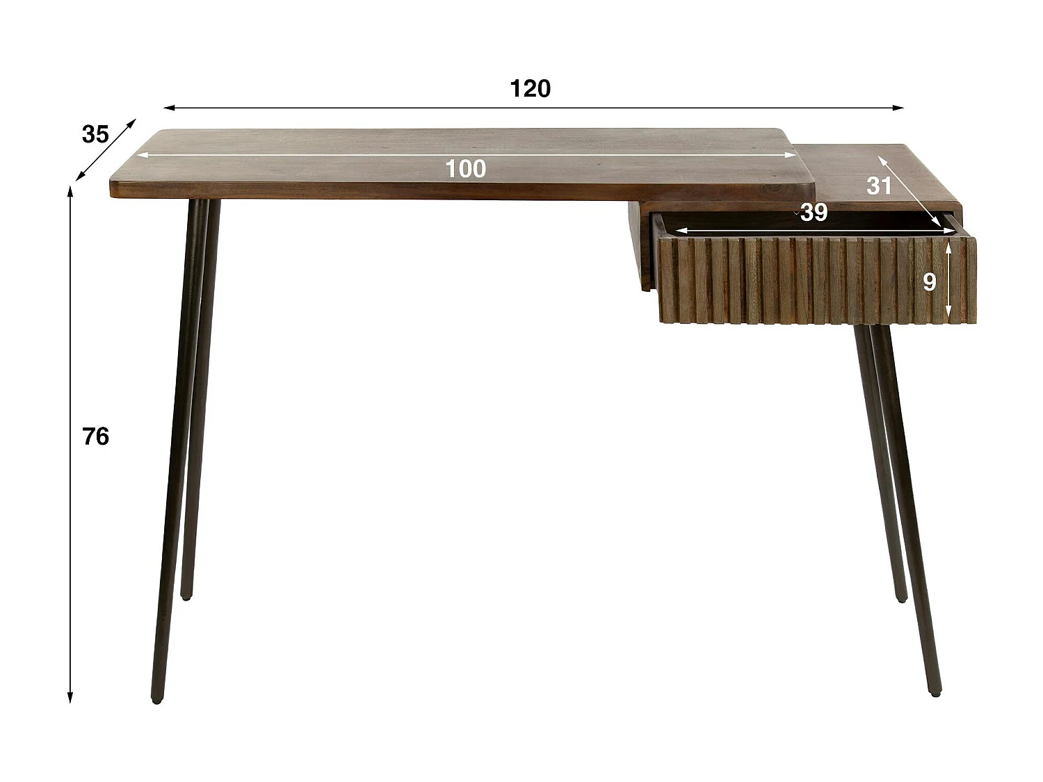 Console bureau en bois d’acacia brun, tiroir rainuré NAKO