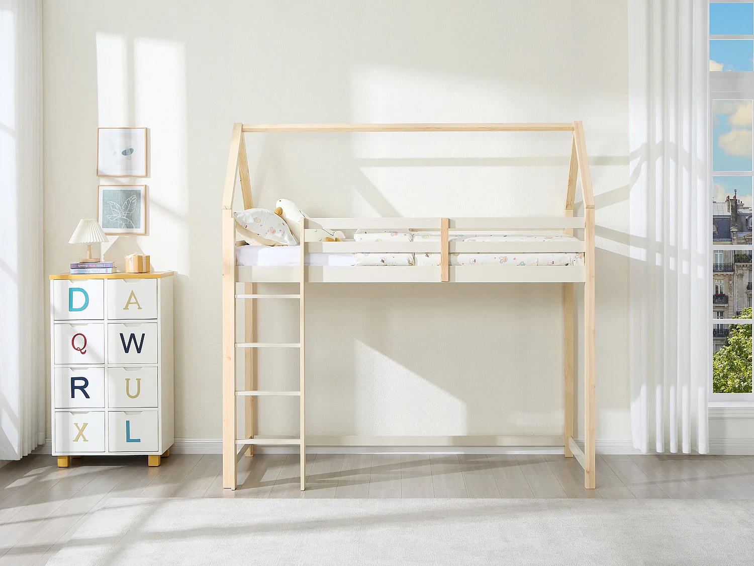 Lit mezzanine cabane 90 x 190 cm - Pin massif – Beige et naturel - TARZIA