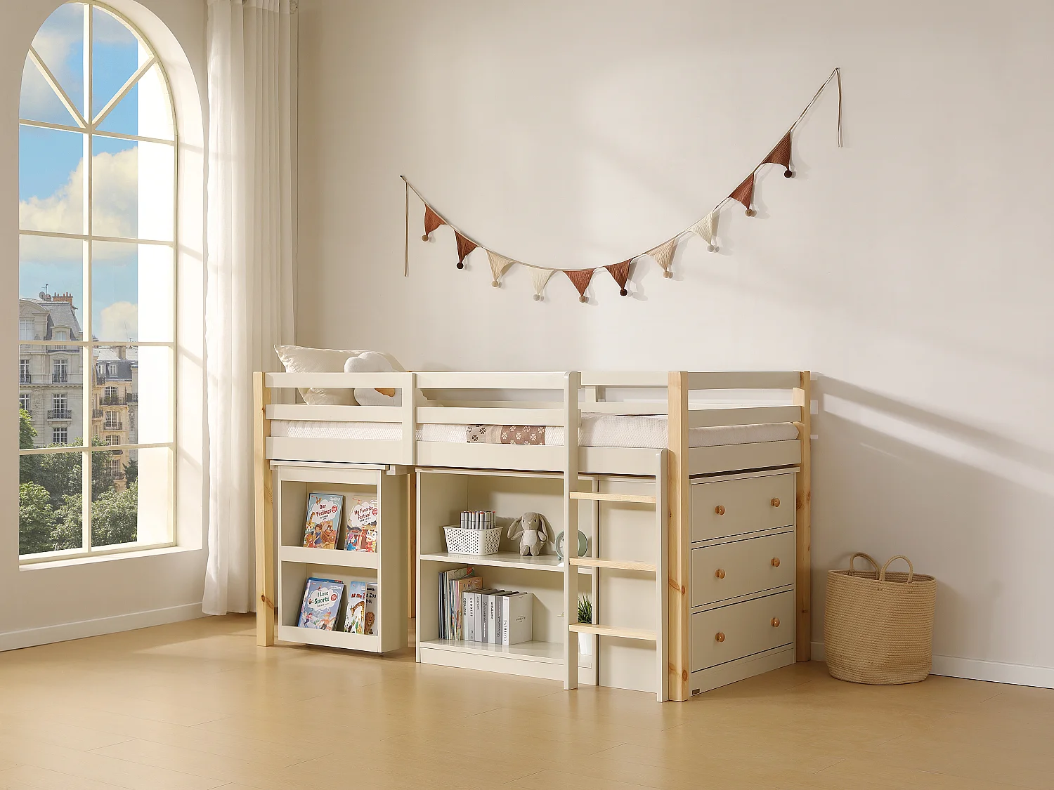 Lit combiné 90 x 190 cm avec rangements et bureau extensible - Pin et MDF – Beige et naturel - ABRENO