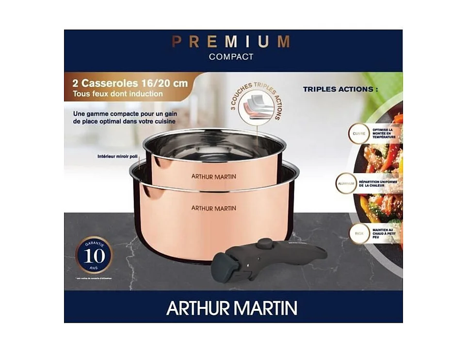 2 casseroles 16-20 cm + 1 poignée - ARTHUR MARTIN - AM720GT - 3 couches triple action - Tous feux dont induction