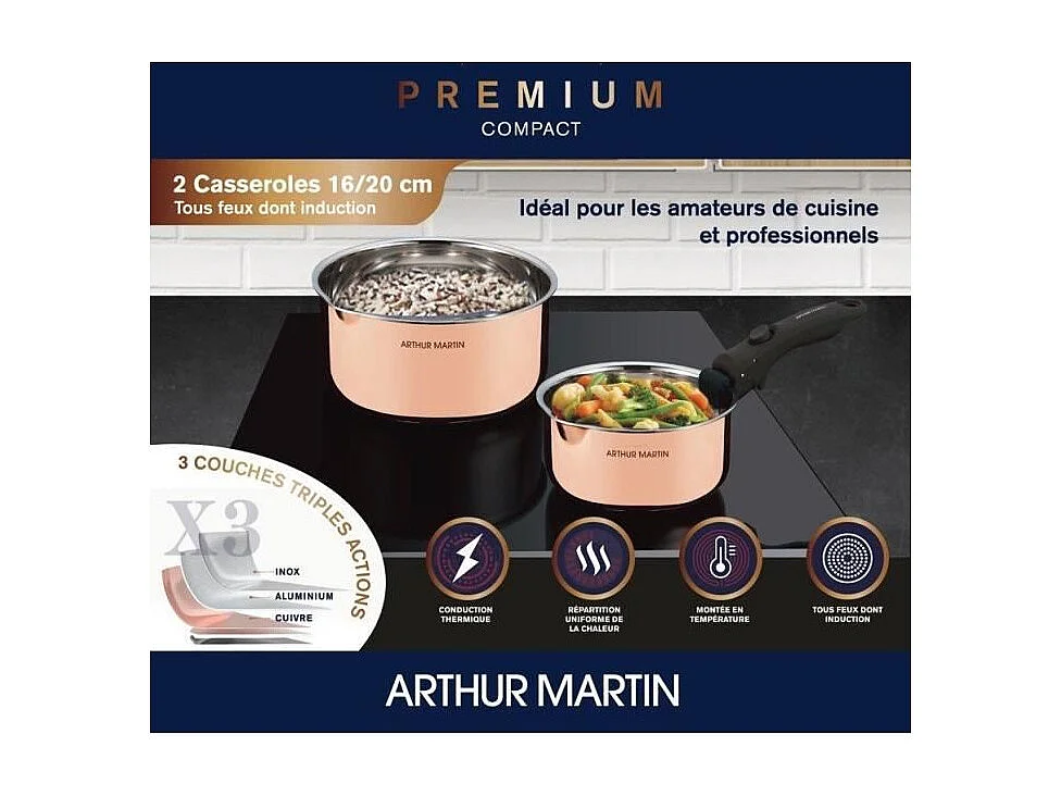 Set di 2 casseruole ARTHUR MARTIN AM720GT 16-20 cm con manico removibile, triplo strato rame-alluminio-acciaio inox, per tutti i piani cottura inclusa induzione