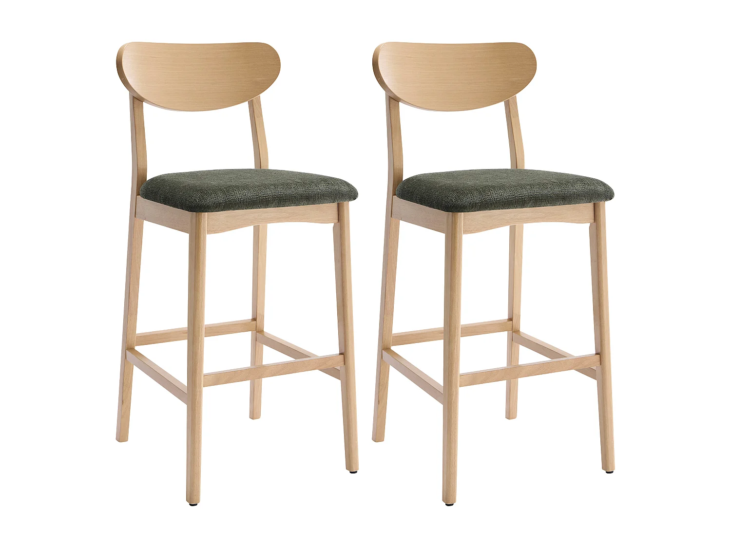 Lot de 2 tabourets en tissu texturé et bois d'hévéa naturel - Vert - LERANIA