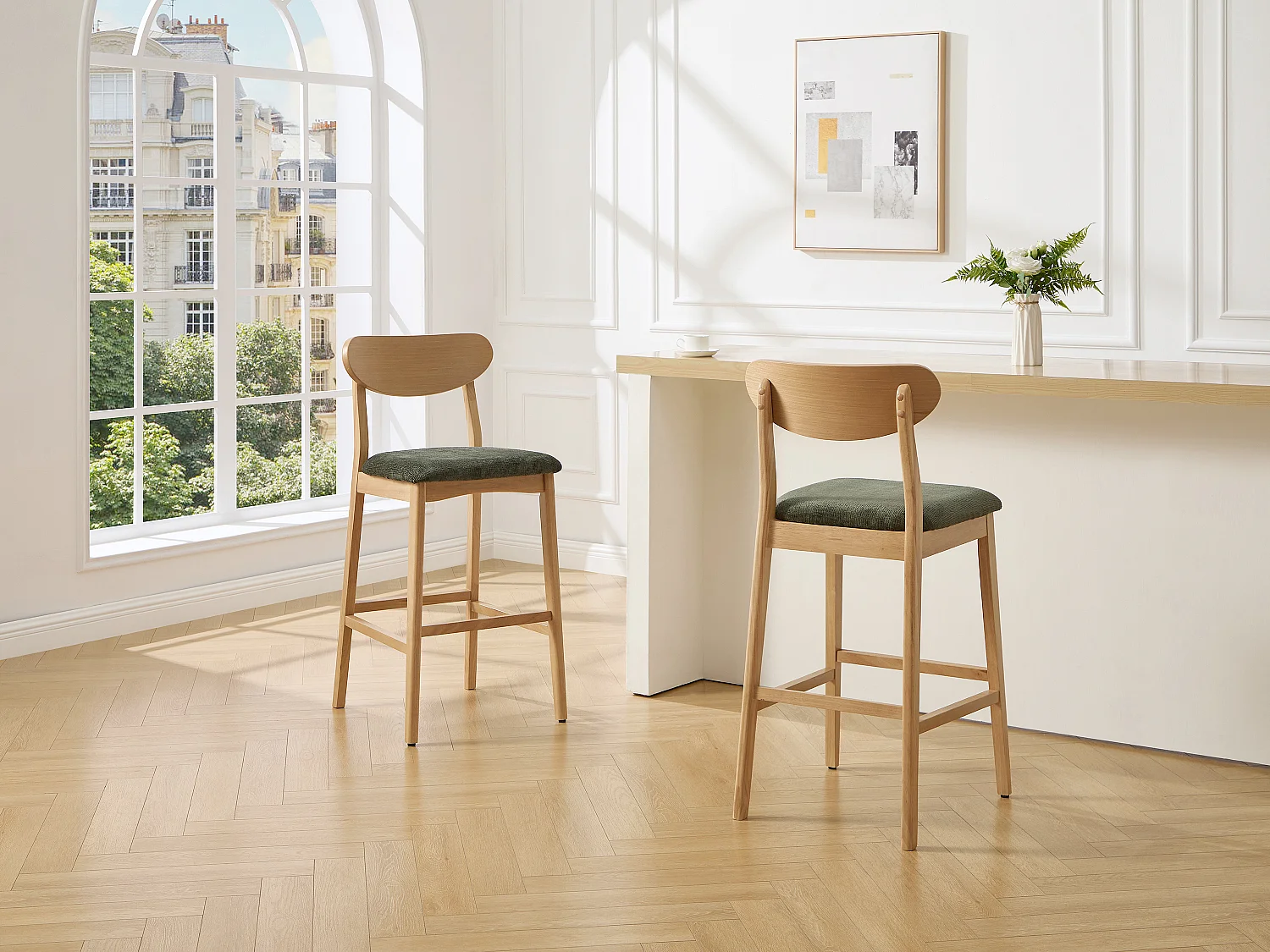 Lot de 2 tabourets en tissu texturé et bois d'hévéa naturel - Vert - LERANIA