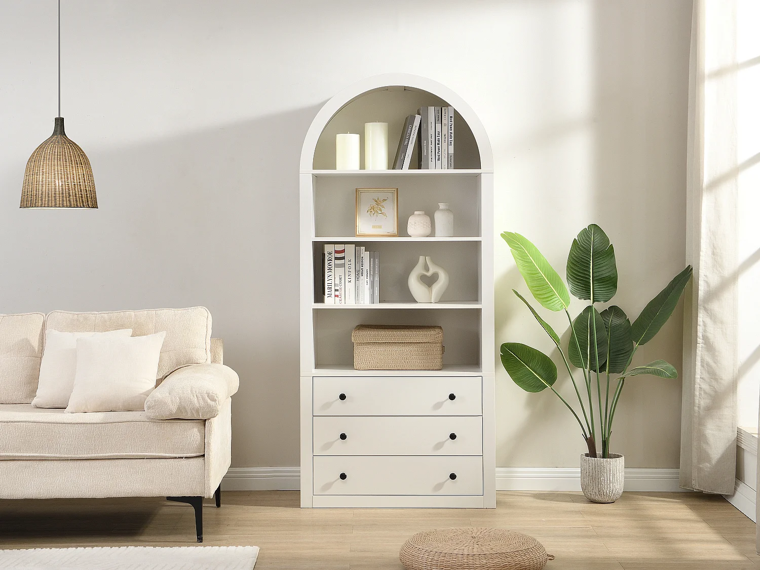 Bibliothèque avec 3 tiroirs et 4 niches en MDF - Blanc - MARALYN