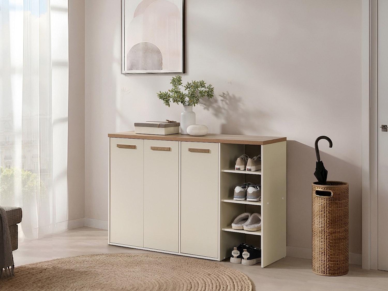 Schuhschrank mit 3 Türen und 3 Nischen - Beige und helles Naturholz - SKAIDO