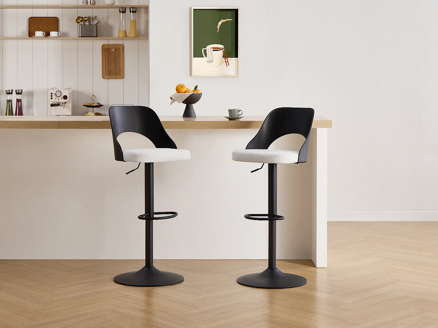 Lot de 2 tabourets de bar en polypropylène, tissu texturé et métal - Noir et crème - LIRVONO