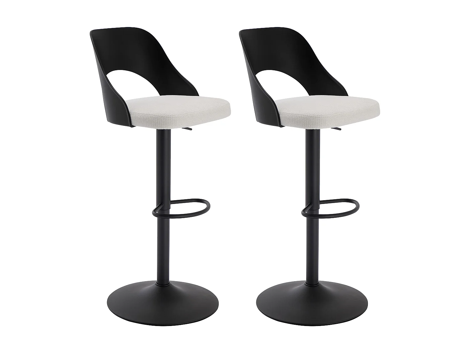 Lot de 2 tabourets de bar en polypropylène, tissu texturé et métal - Noir et crème - LIRVONO