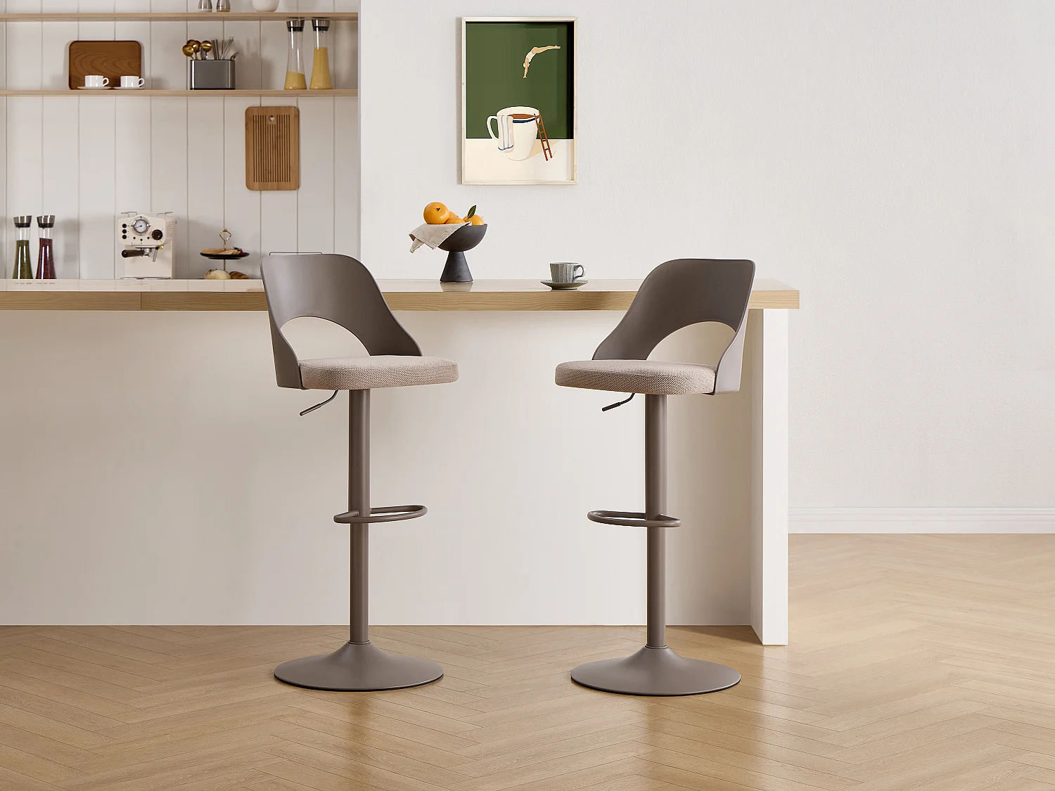 Lot de 2 tabourets de bar en polypropylène, tissu texturé et métal - Taupe - LIRVONO