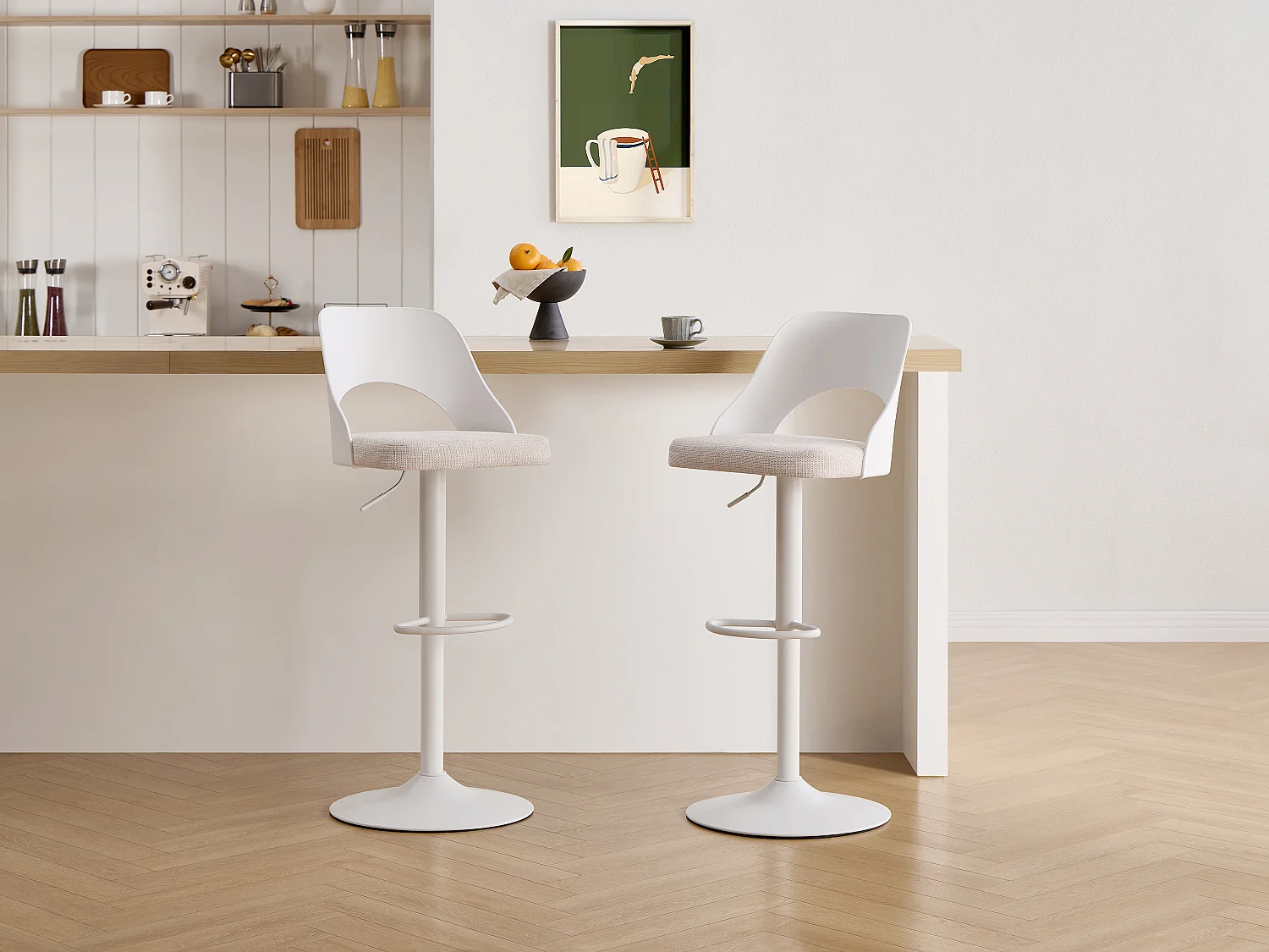 Lot de 2 tabourets de bar en polypropylène, tissu texturé et métal - Blanc et beige - LIRVONO