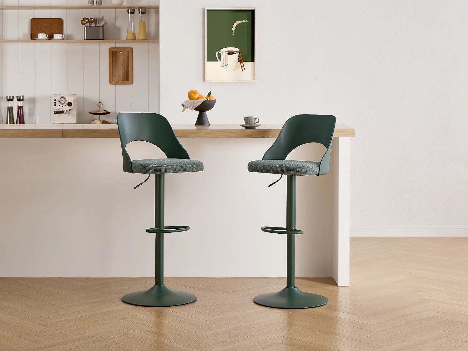 Lot de 2 tabourets de bar en polypropylène, tissu texturé et métal - Vert - LIRVONO