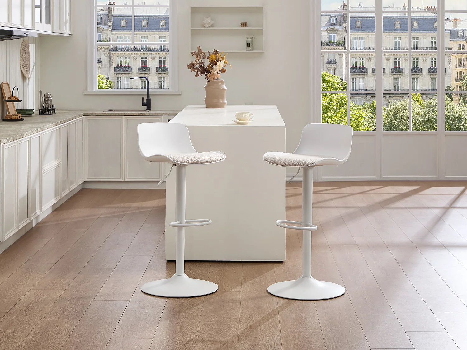 Lot de 2 tabourets de bar en polypropylène, tissu texturé et métal - Blanc et beige - DORELIO