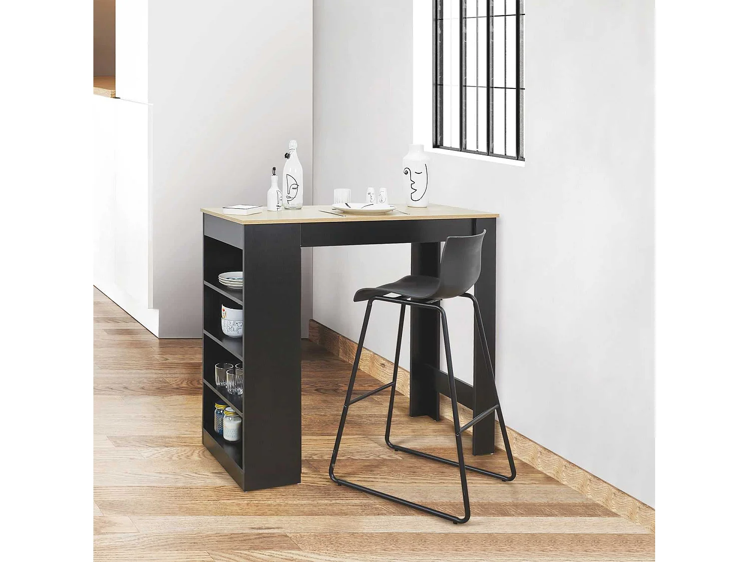 Table de bar mange debout Cheers avec 4 niches de rangement en MDF - Noir et Marron
