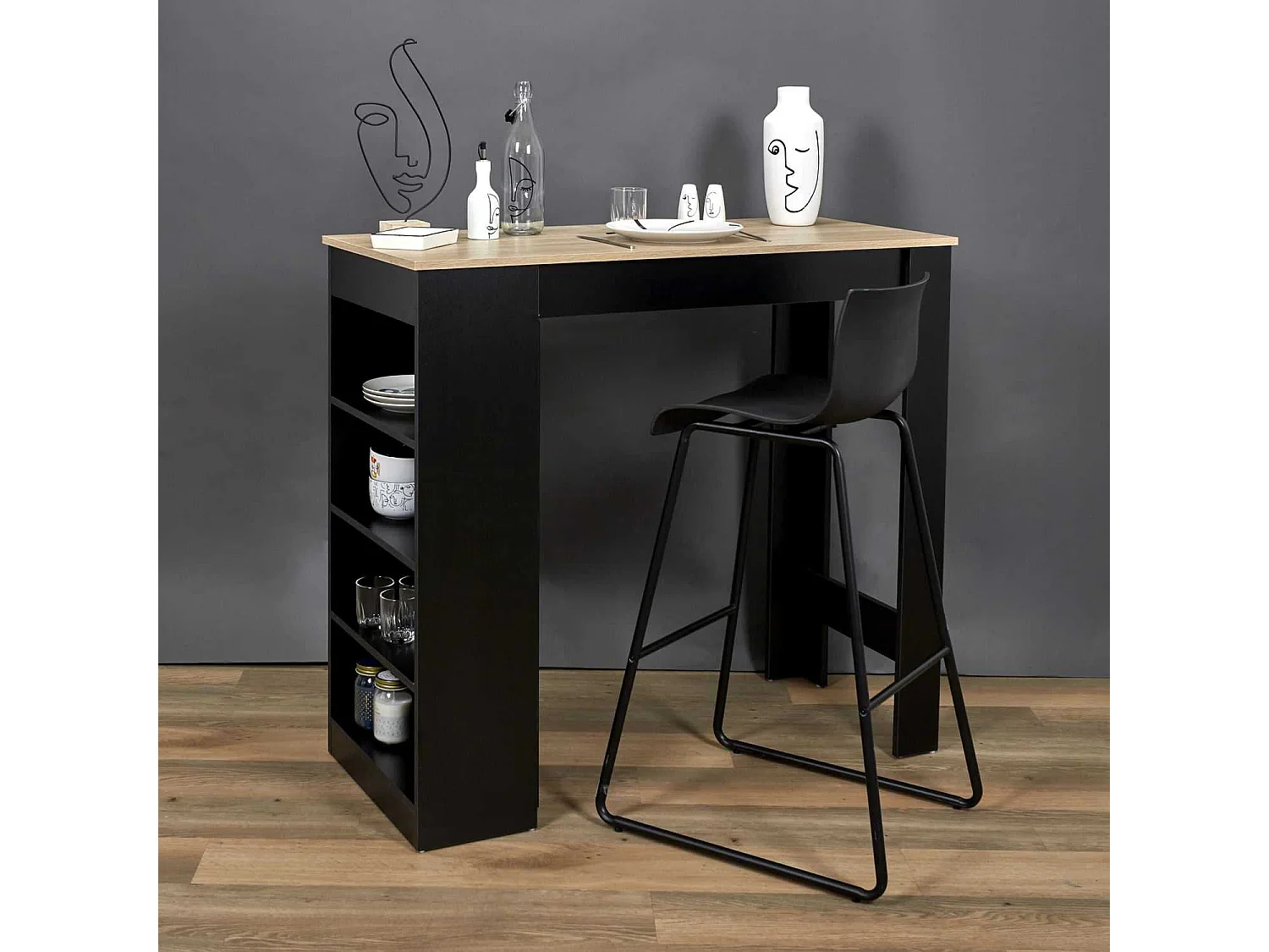 Table de bar mange debout Cheers avec 4 niches de rangement en MDF - Noir et Marron
