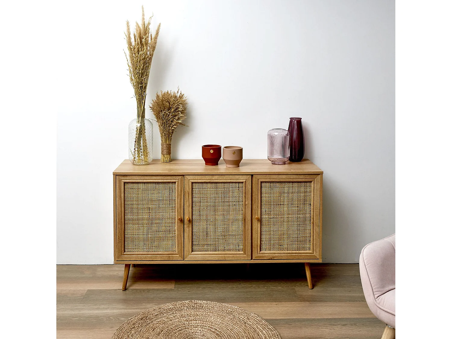 Buffet 3 portes en cannage et panneaux de particules