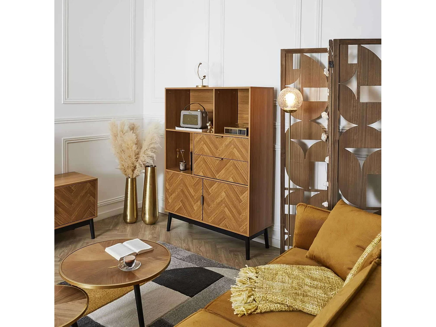 Bibliothèque 2 portes et 2 tiroirs en bois FELIX - Marron et noir