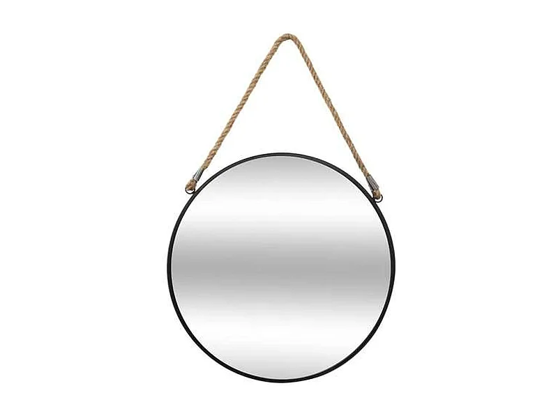 Miroir en métal suspendu avec corde - Diamètre 55 cm - Noir