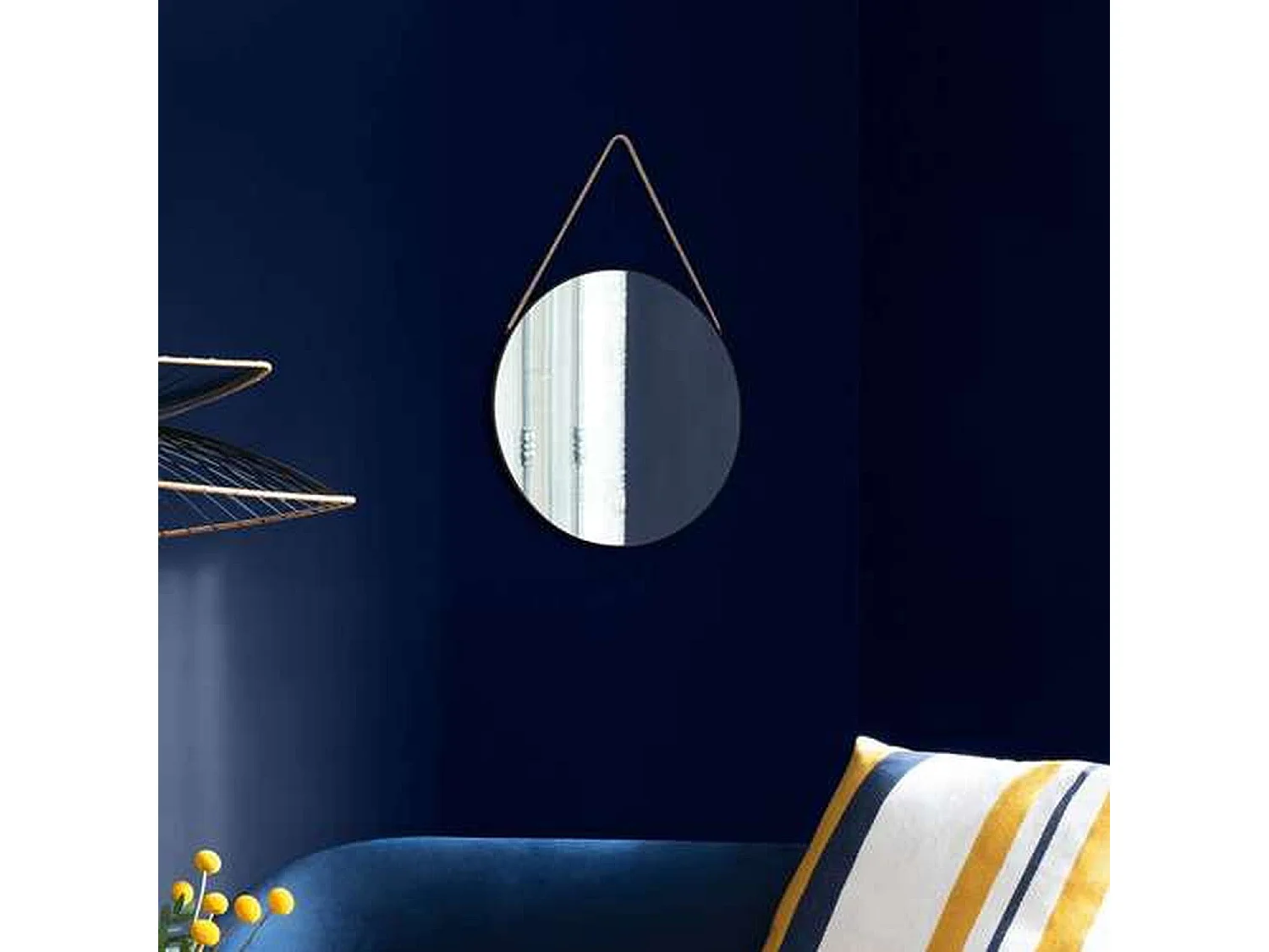 Miroir en métal suspendu avec corde - Diamètre 55 cm - Noir